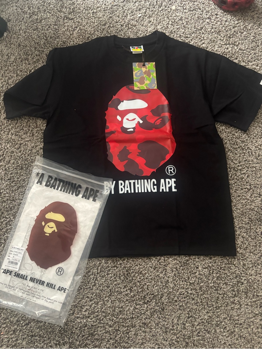 Large Bape Black Tee with Red Camo Ape Logo